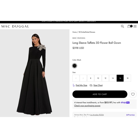 NWT MAC DUGGAL [ 16 ] 11832‎ Long Sleeve Taffeta 3D Flower Ball Gown Black S1909 - Picture 3 of 14
